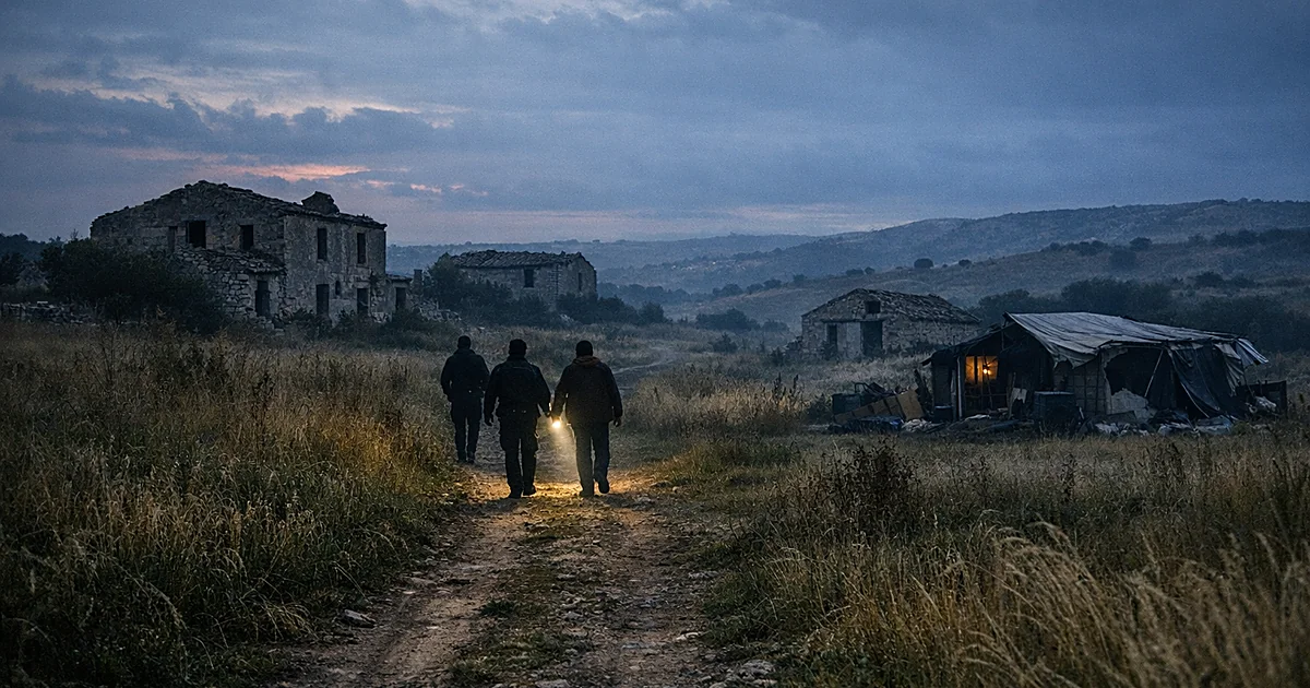 Abandoned farmhouses and makeshift shelters scattered across remote rural farmland in Sicily at dusk