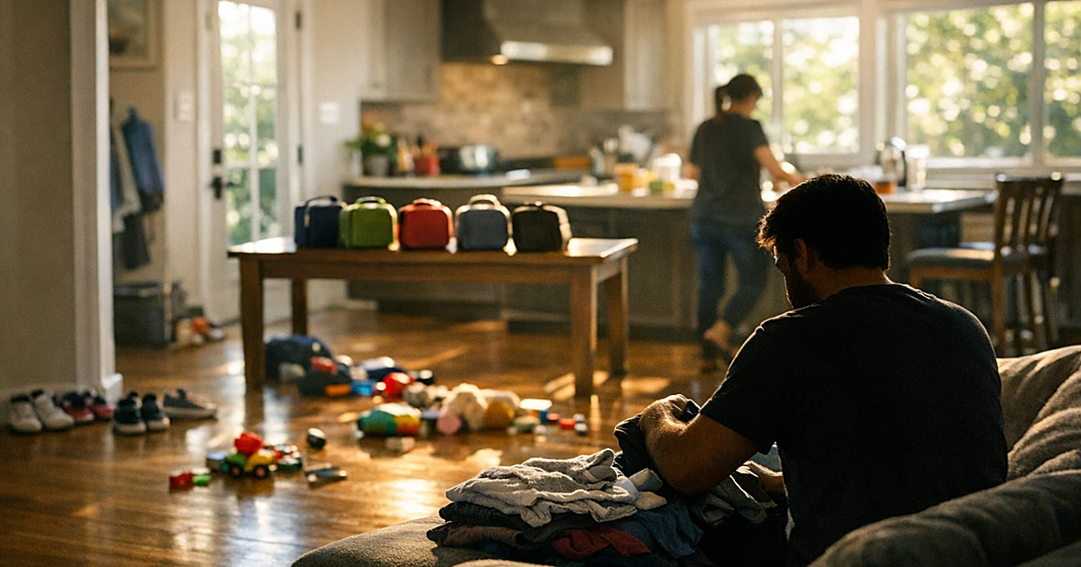 Sunlit family living room with scattered toys, lunch boxes on counter, and silhouetted parent folding laundry