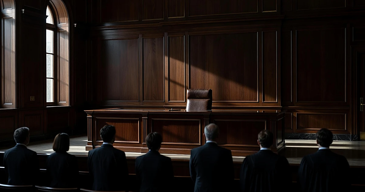 Empty federal courtroom bench with dark wood paneling and silhouetted figures standing in gallery below