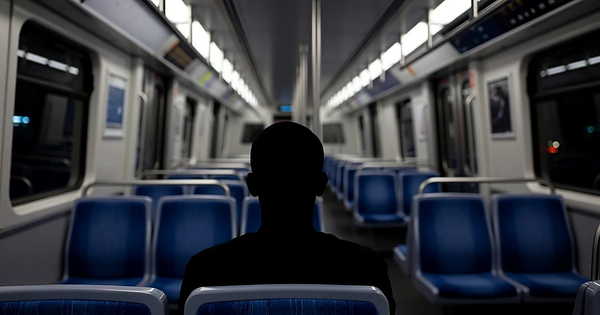 Interior of Metro train car showing back of seated passenger with empty seats extending behind in soft focus