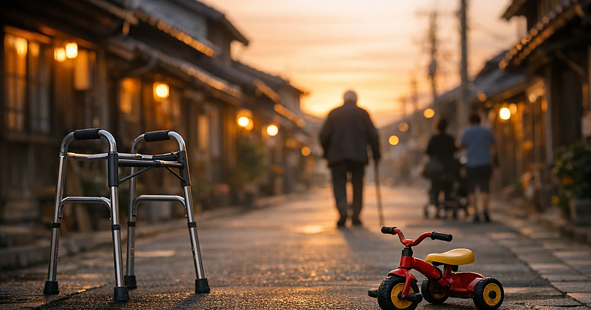Walker and child's tricycle on Japanese residential street at dusk showing generational contrast