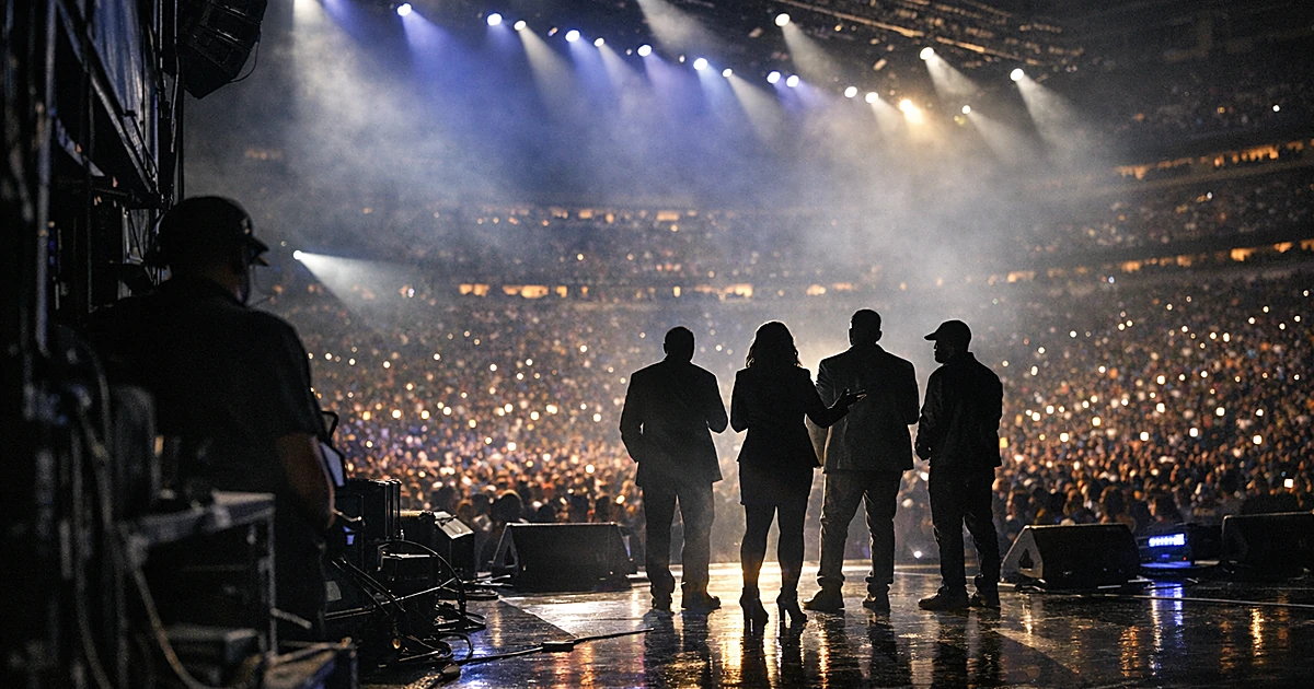 Concert stage with silhouetted figures under spotlights at large arena venue with crowd in background