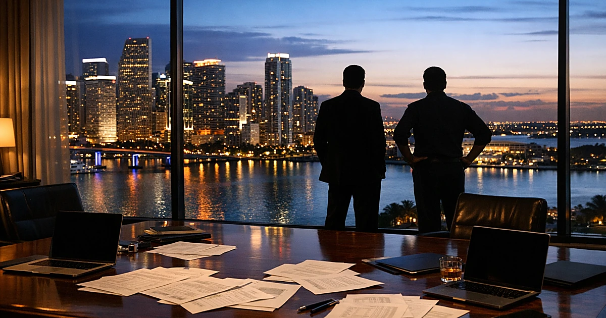Miami office conference table with documents overlooking illuminated downtown skyline at dusk