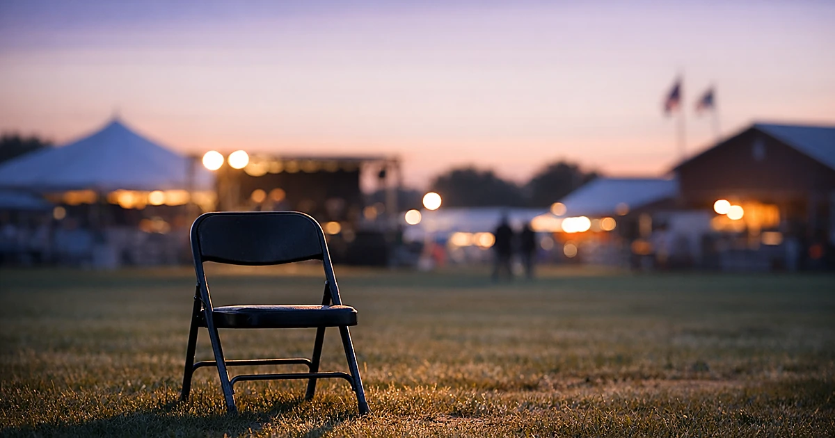 Empty metal folding chair on grass at rural fairground at dusk with blurred background