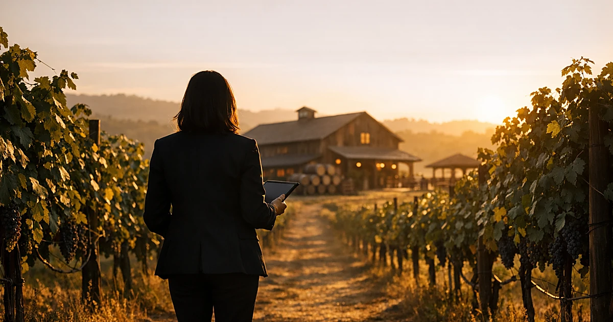 Silhouetted figure standing in vineyard rows at sunset, winery building visible in background