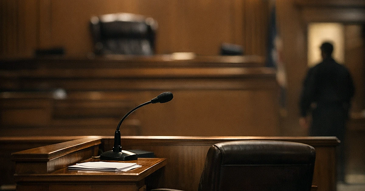 Empty witness stand with microphone in federal courtroom with silhouetted figure in background