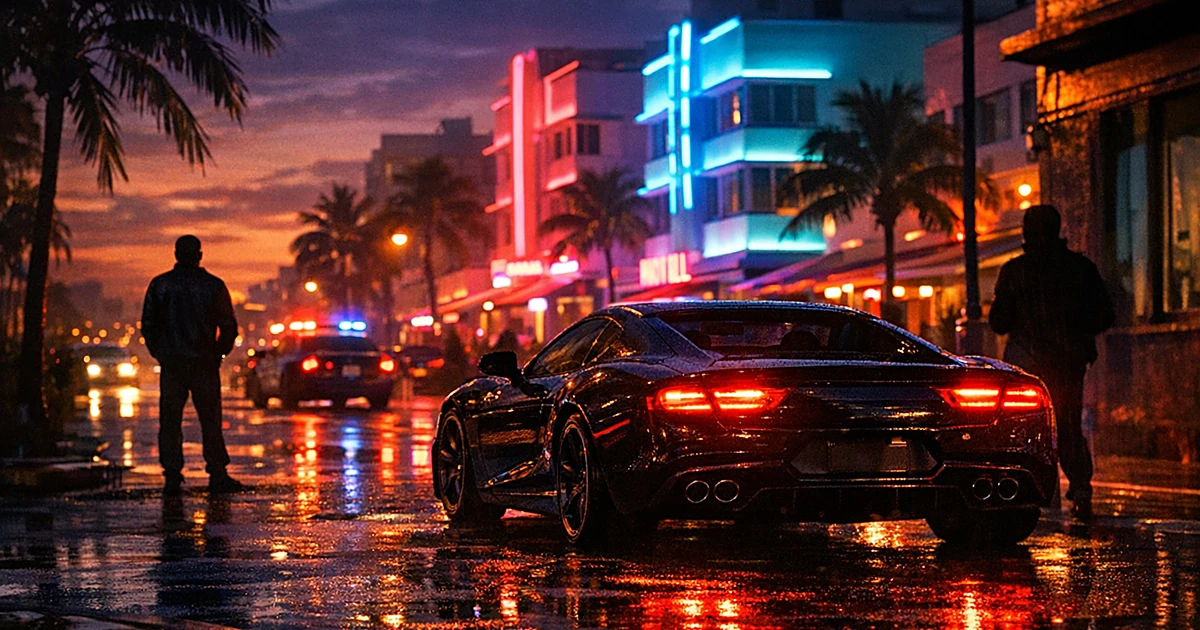 Neon-lit Miami street at dusk with art deco buildings, palm trees, and luxury car taillights on wet pavement