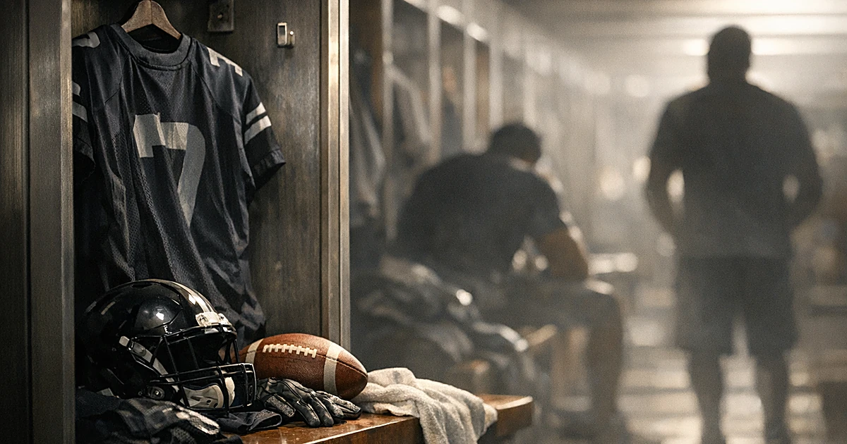 Empty NFL locker with jersey and gear in professional team facility with blurred figures in background