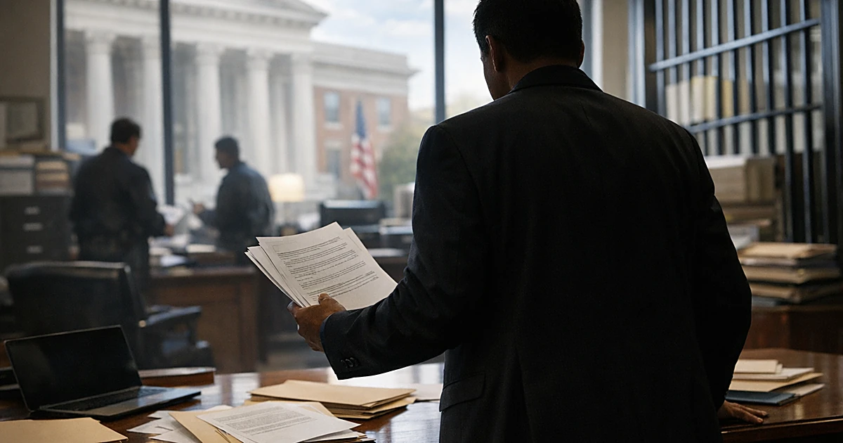 Silhouetted official at desk with legal documents in county courthouse administrative office