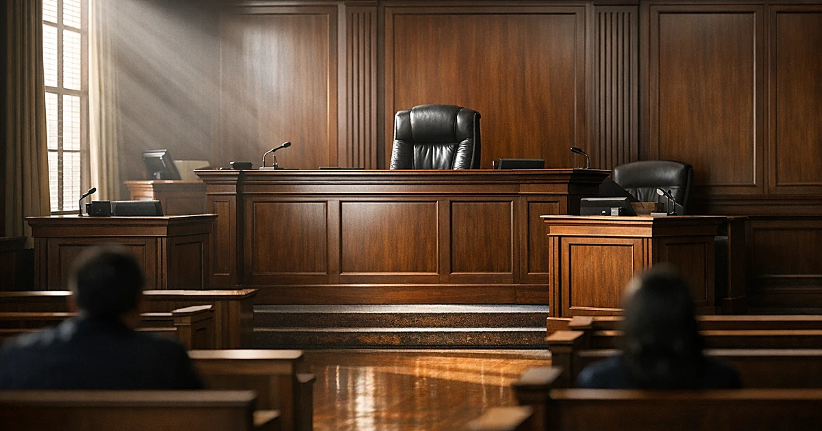 Empty federal courtroom interior showing elevated judge's bench with dramatic natural window lighting