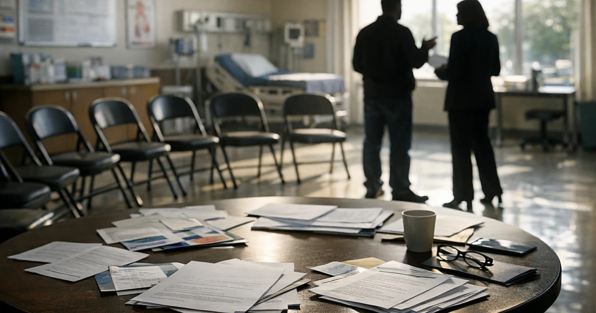 Community health center roundtable with scattered documents and silhouetted figures in background