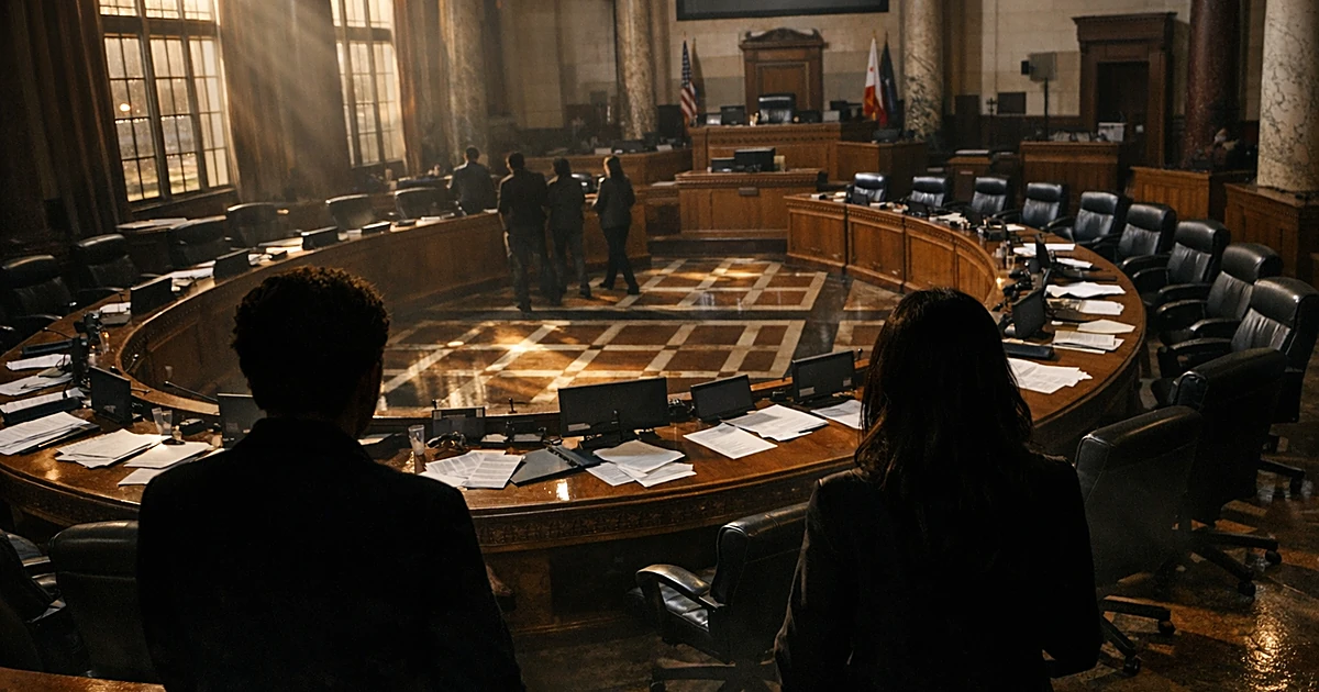Empty Los Angeles city council chamber with scattered papers on desks in dramatic afternoon light