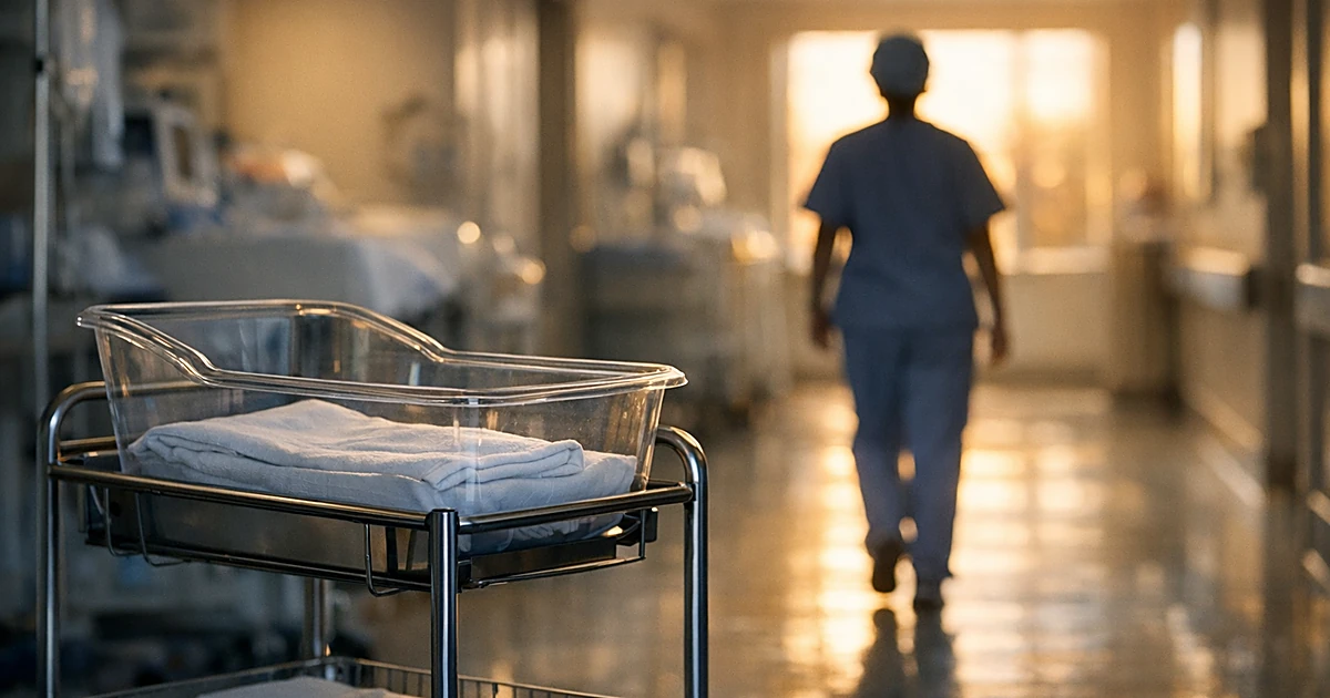 Empty medical bassinet in hospital maternity corridor with silhouetted medical staff figure walking toward morning light