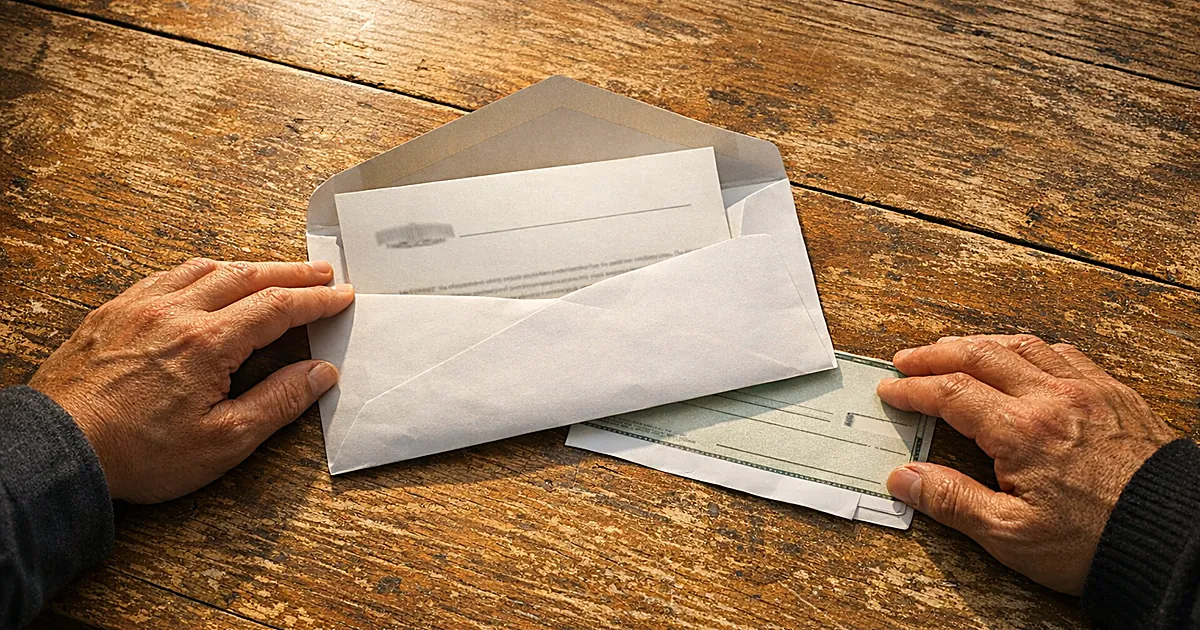 Overhead view of hands at kitchen table with opened envelope and check in afternoon light