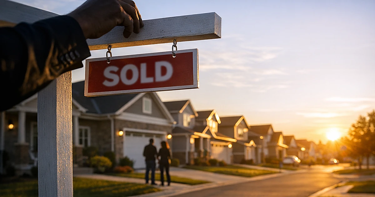 Silhouetted hand placing real estate sign on suburban street with row of sold homes at golden hour