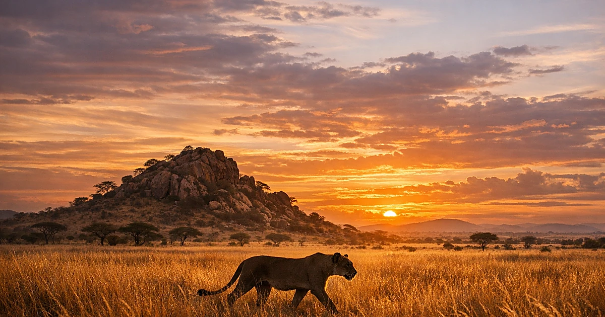 Lioness walking through savanna grassland toward rocky kopje at sunset in Meru National Park Kenya