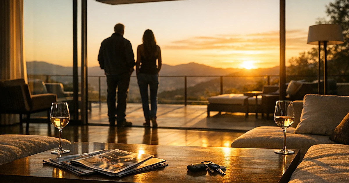 Luxury home interior with mountain views at sunset, wine glasses on sofa suggesting recent guests