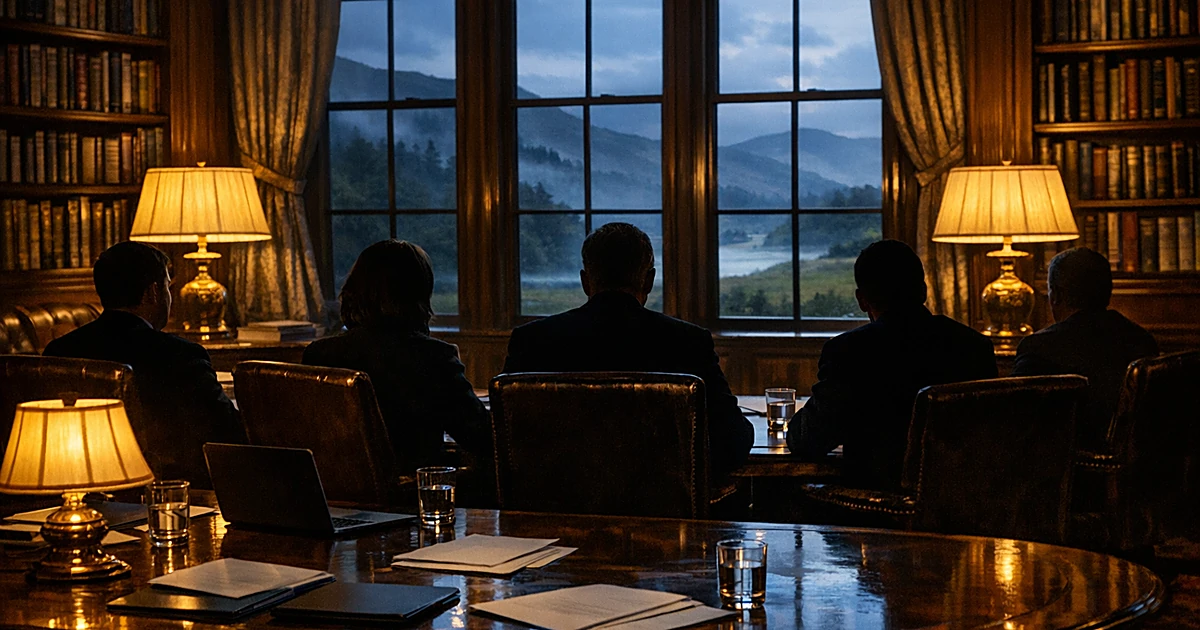 Silhouetted business executives seated around conference table in Scottish estate library at dusk