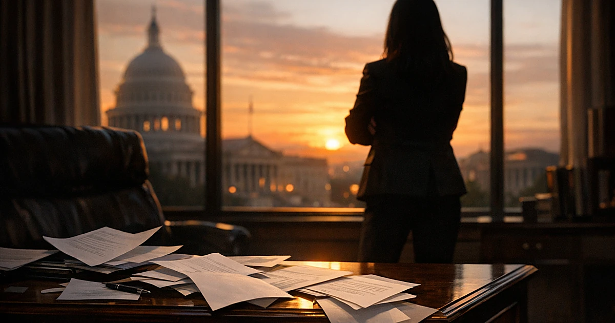 Congressional office desk with scattered papers and silhouetted figure at window during sunset