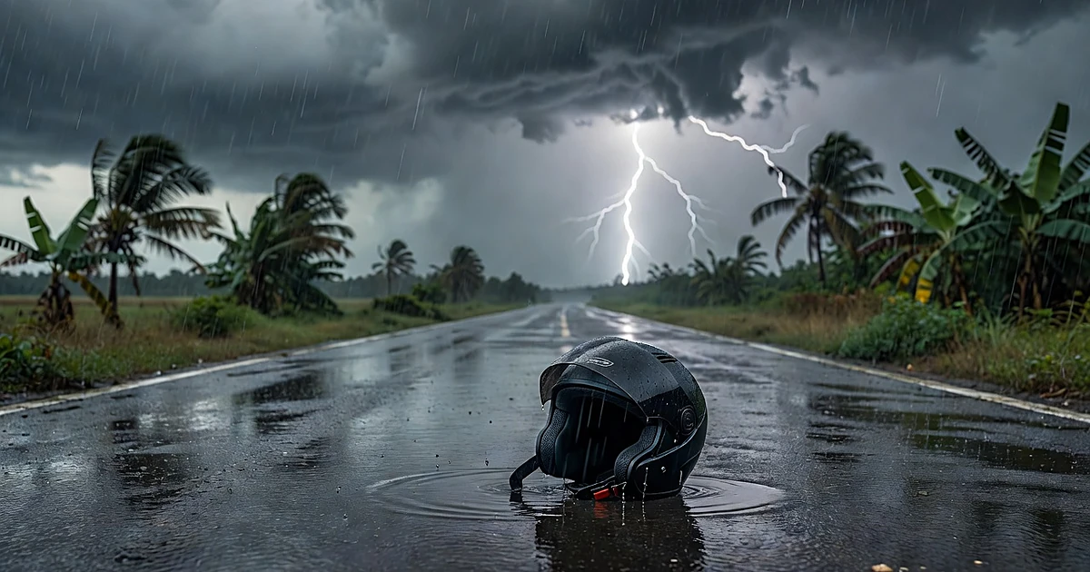 Motorcycle helmet on wet highway during thunderstorm with lightning in distance