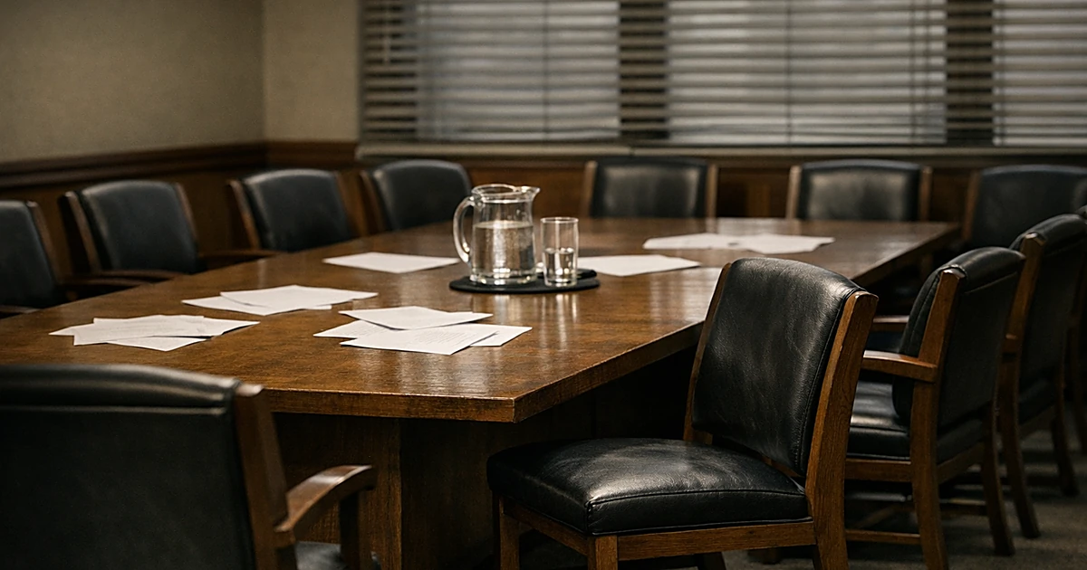 Empty jury deliberation room with one chair pushed back from table, symbolizing holdout juror disagreement