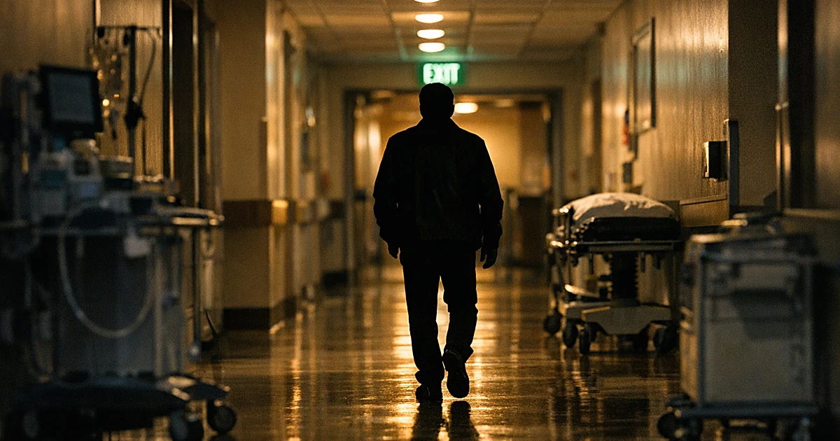 Silhouetted figure walking down dimly lit hospital corridor with medical equipment along walls