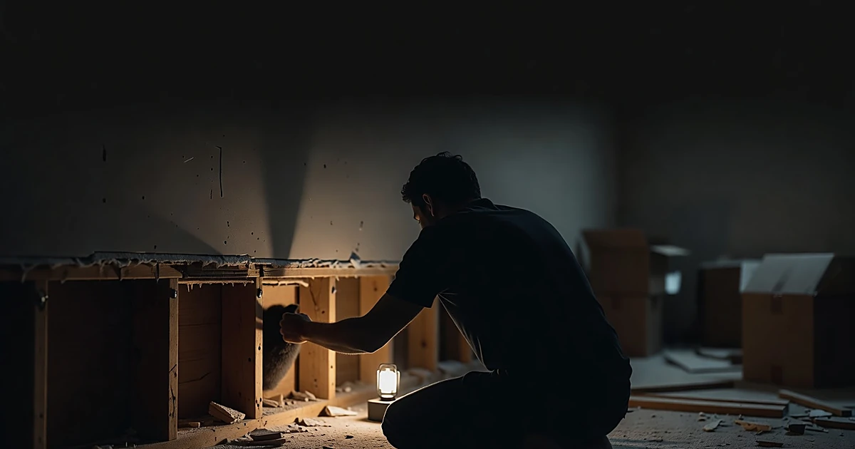 Silhouetted person reaching into gap between wall studs in dimly lit residential interior during animal rescue