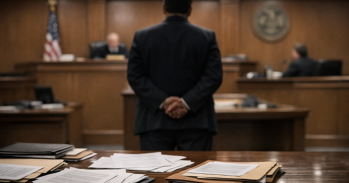Federal courtroom interior with legal documents on table and silhouetted figure at defense table