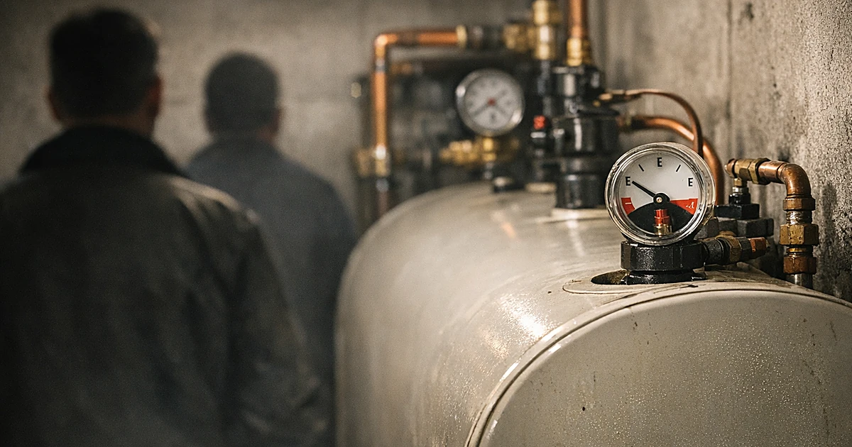 Home heating oil tank with low fuel gauge in residential basement utility room