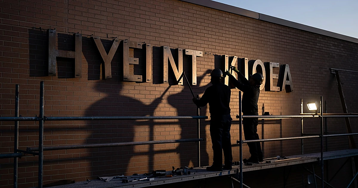 Workers removing bronze nameplate from university building exterior at dusk with construction lighting