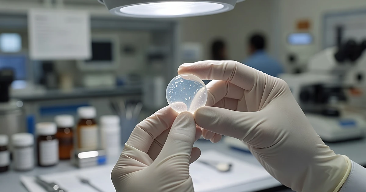 Gloved hands holding translucent medical hydrogel implant up to laboratory light in biotech research facility