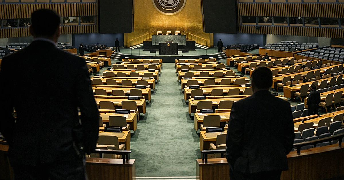 Wide view of empty United Nations General Assembly hall with rows of delegate seats and central podium