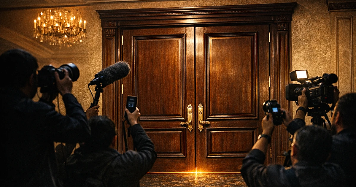 Closed ornate hotel ballroom doors with silhouetted reporters holding cameras from behind in shadowed hallway