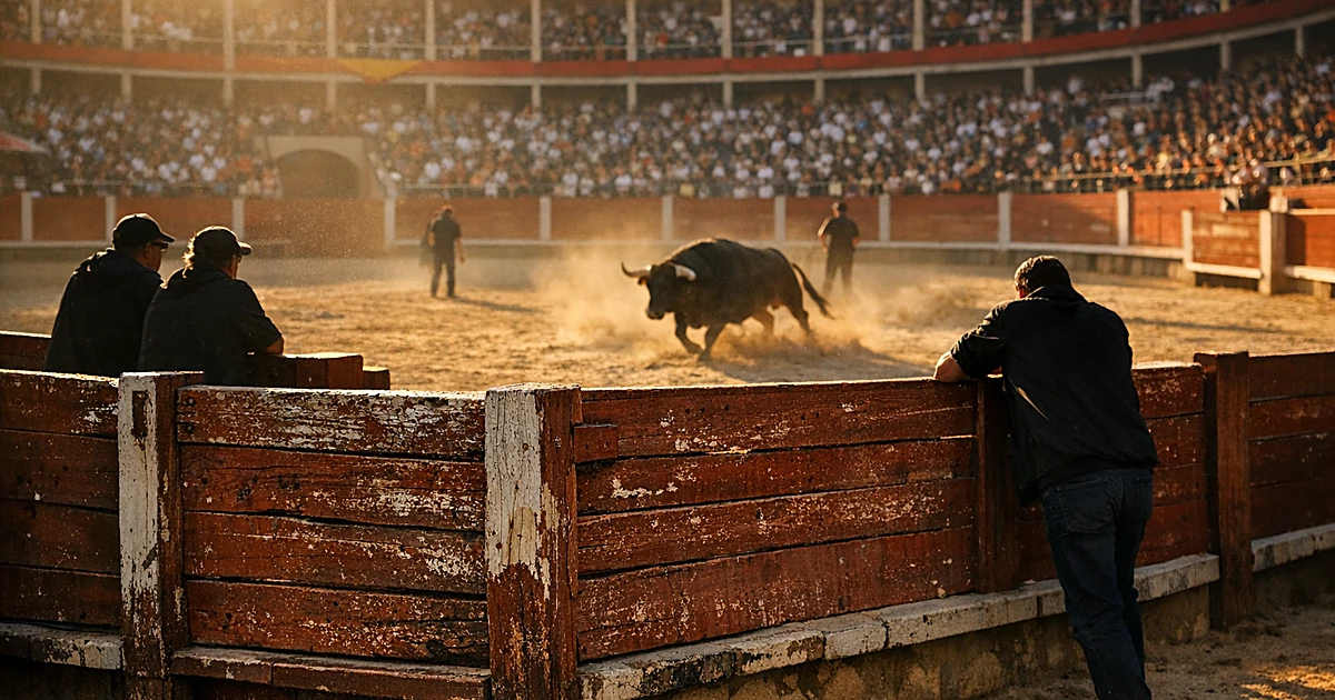 Wooden barrier fence at a Spanish bullring arena in late afternoon light with sandy floor beyond