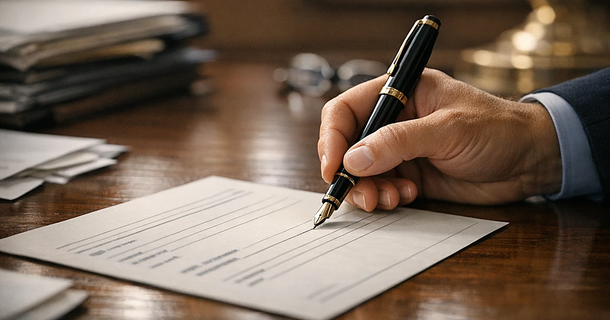 Close-up of fountain pen signing corporate document on mahogany desk with hand in motion changing name field