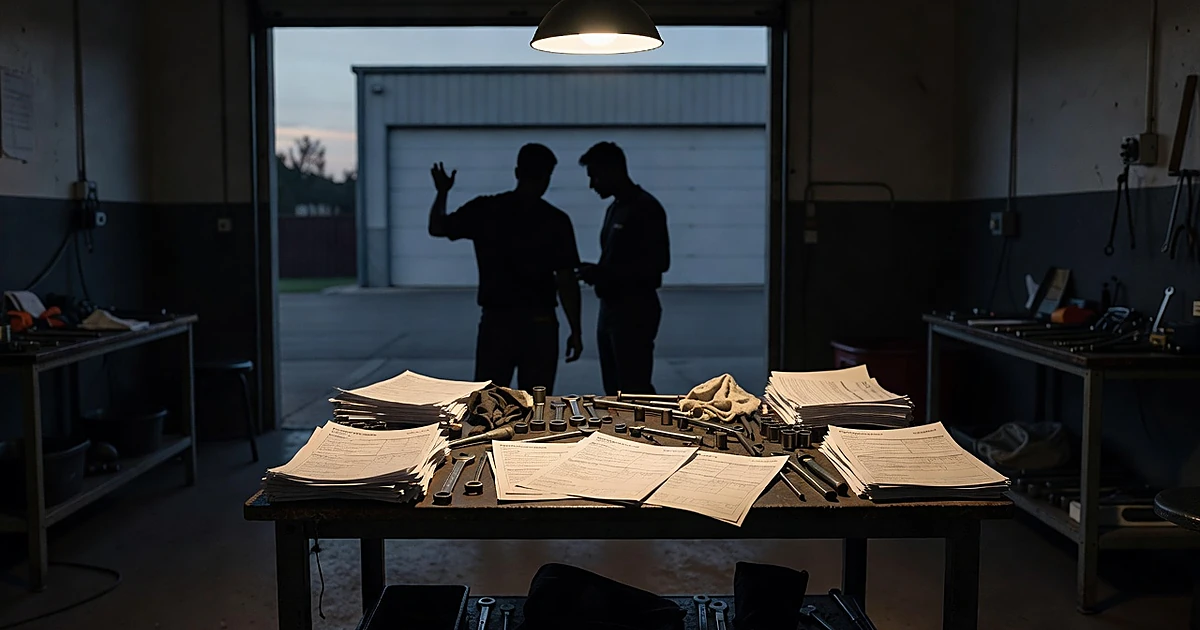 Auto shop interior with insurance paperwork on workbench and worker silhouettes in background at dusk