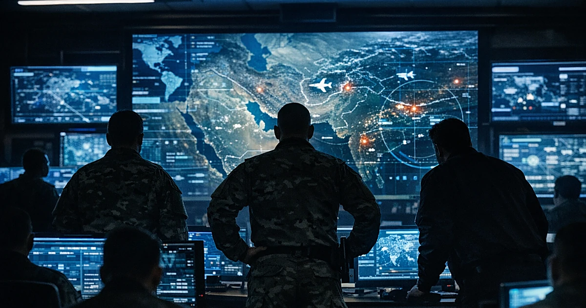 Military command center with silhouetted personnel viewing illuminated tactical displays during operations briefing