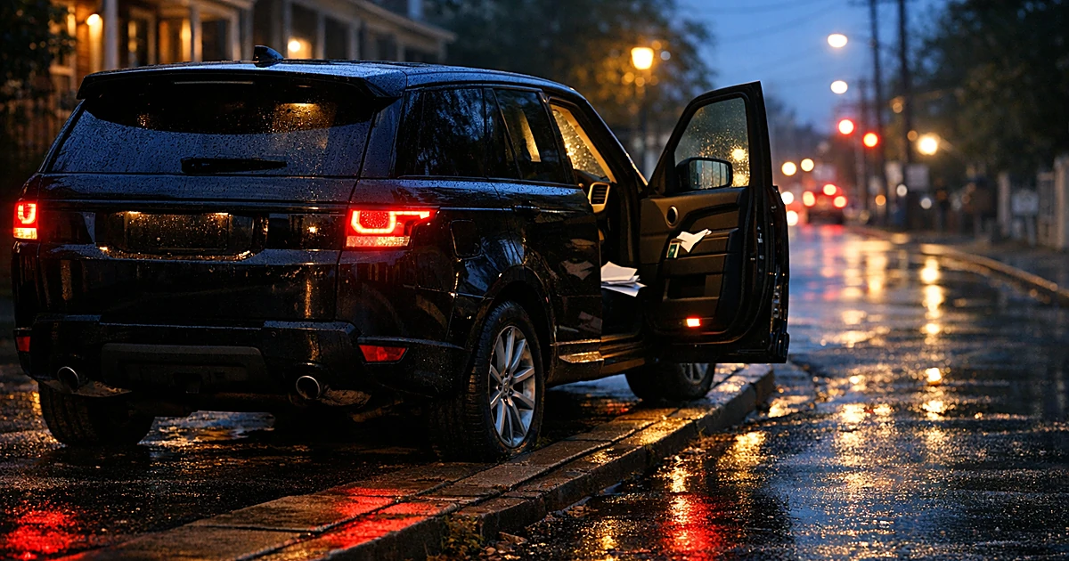 Black SUV parked on sidewalk with driver's door open at dusk in residential neighborhood