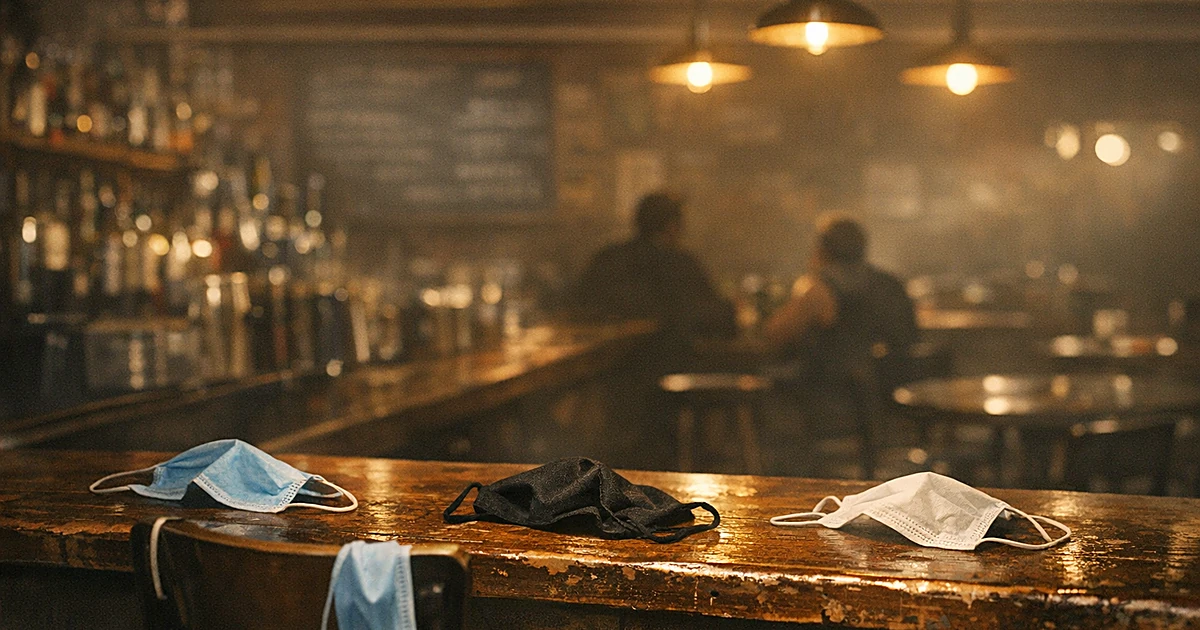 Empty basement bar with face masks scattered on counter and hanging from stools in dim lighting