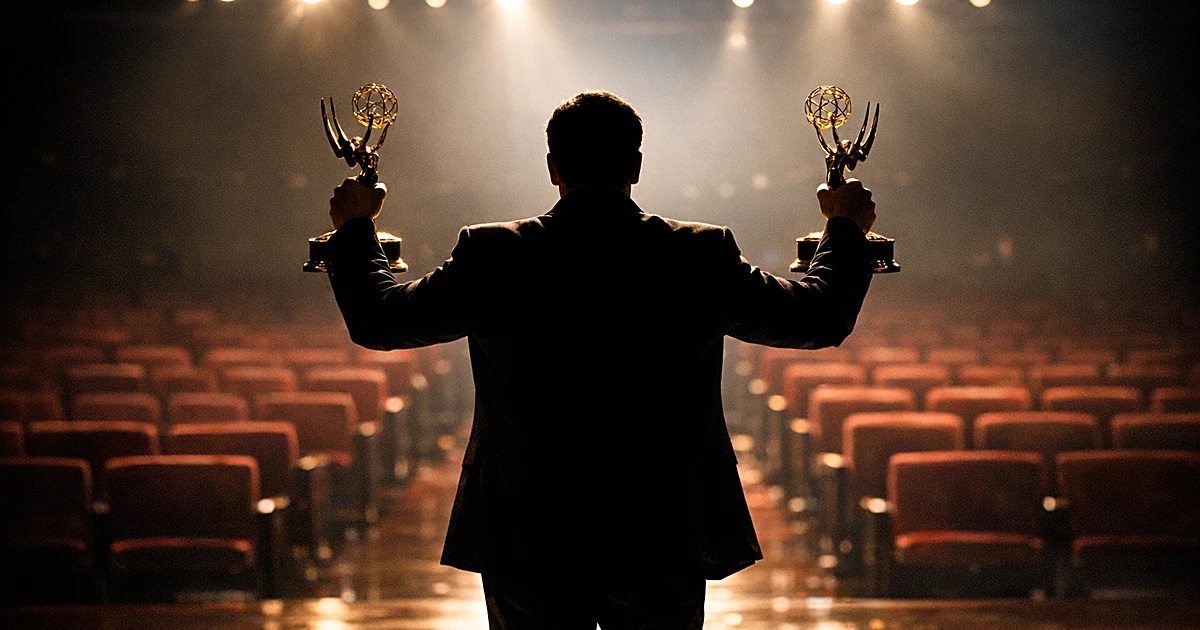 Silhouetted figure on stage holding two award trophies with empty theater seats in background