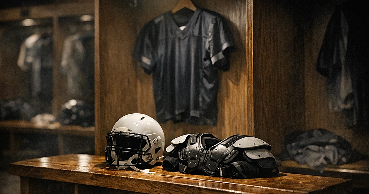 Empty football locker with helmet and gear on bench in dimly lit locker room