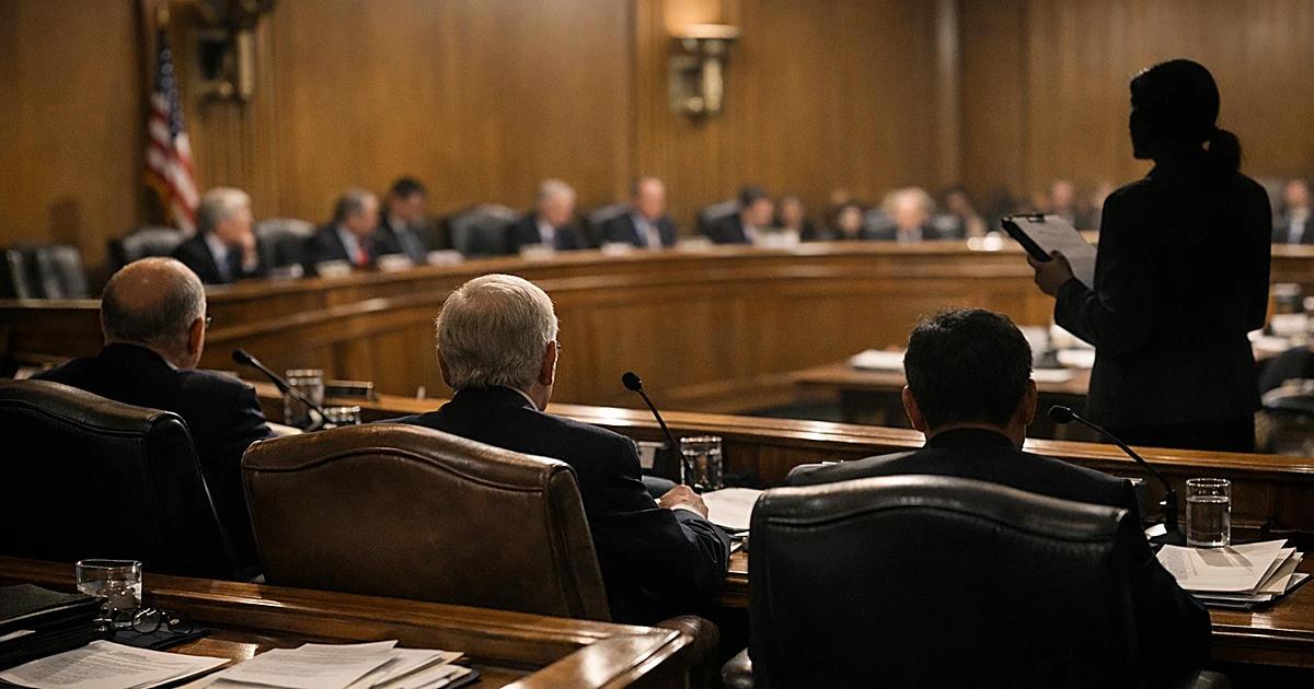 Senate committee room during hearing with senators seated at raised bench, viewed from behind