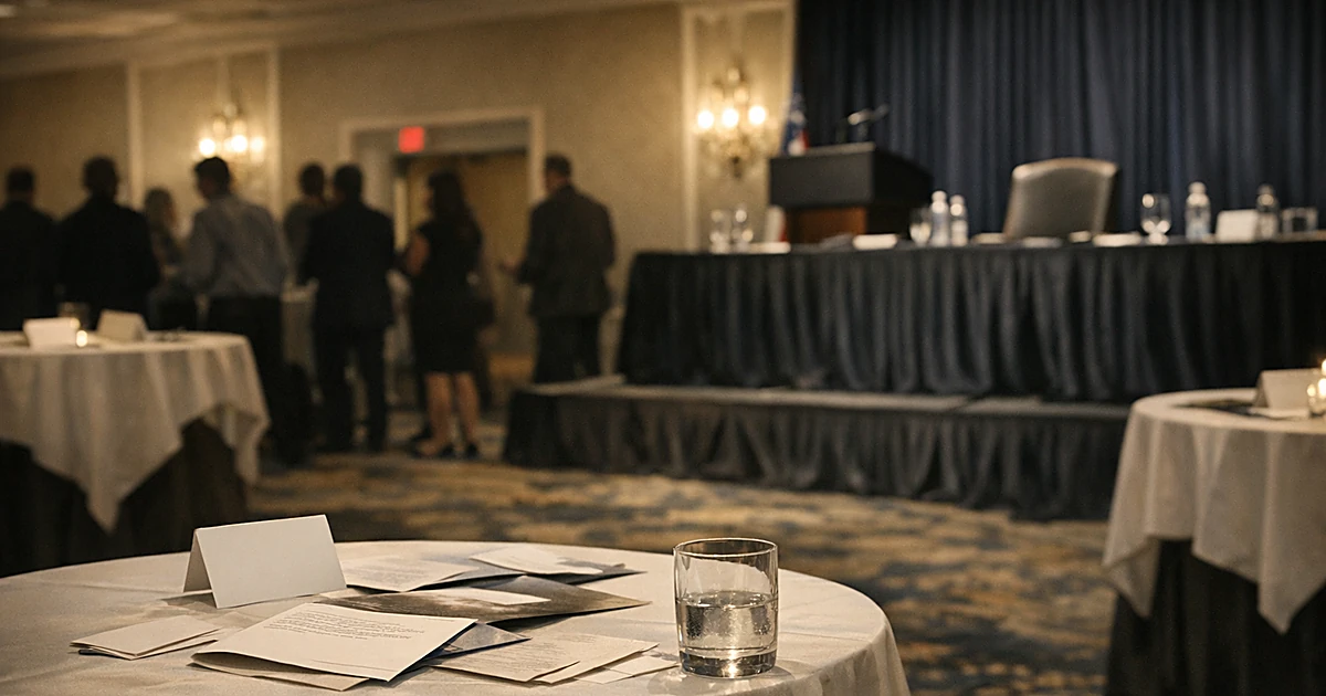Empty congressional reception ballroom with vacant head table and scattered programs on white-clothed tables