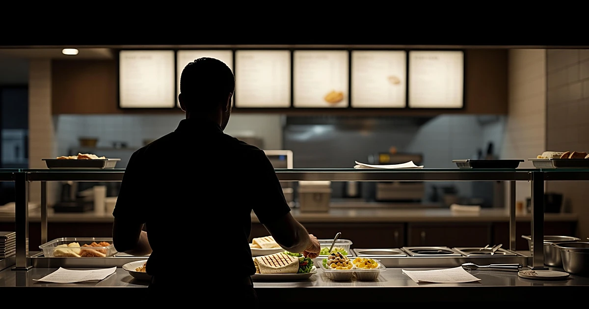 Fast-food employee arranging grilled chicken wraps and protein items in modern restaurant display case