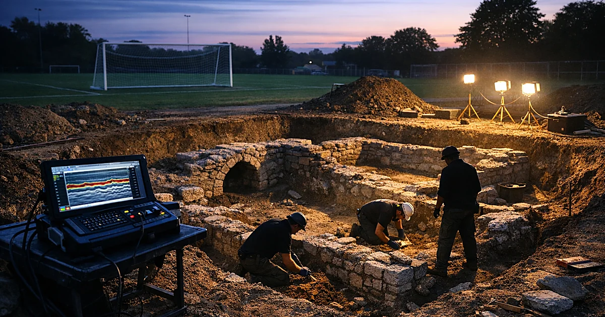 Archaeological excavation revealing medieval stone foundations beneath a soccer field at dusk