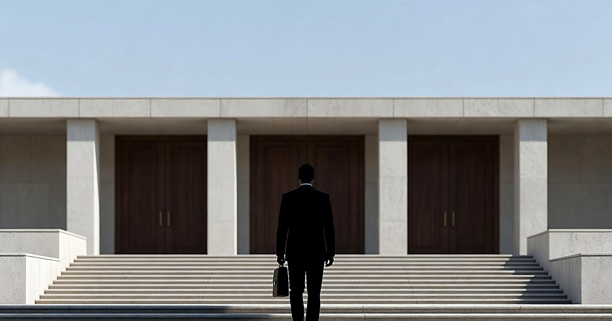 Empty federal courtroom with judge's bench and silhouetted attorney figure standing in foreground