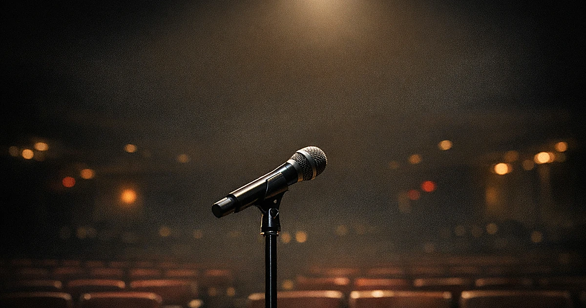 Empty awards stage microphone under spotlight with theater seats in background