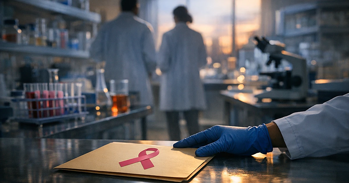 Gloved hand sliding folder with pink ribbon across steel medical table toward silhouetted researchers in laboratory