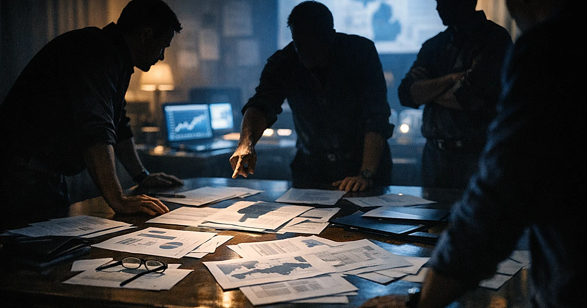 Silhouetted campaign strategists gathered around table with documents and glowing laptop screens in dim war room