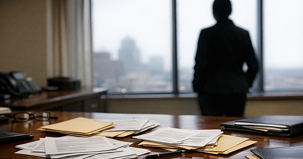 Government office desk with scattered documents and silhouetted figure at window overlooking grey cityscape